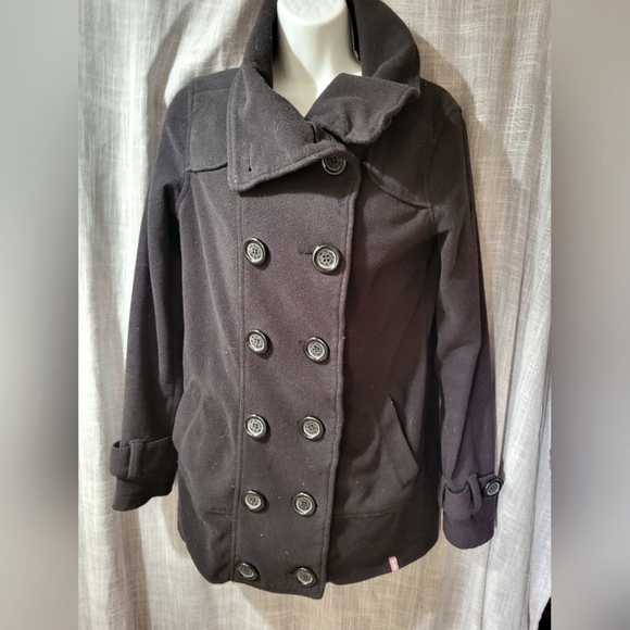 Esprit EDC Y2k Size M FLEECE Double Breasted Pea Coat high button Lapel black - Picture 1 of 15